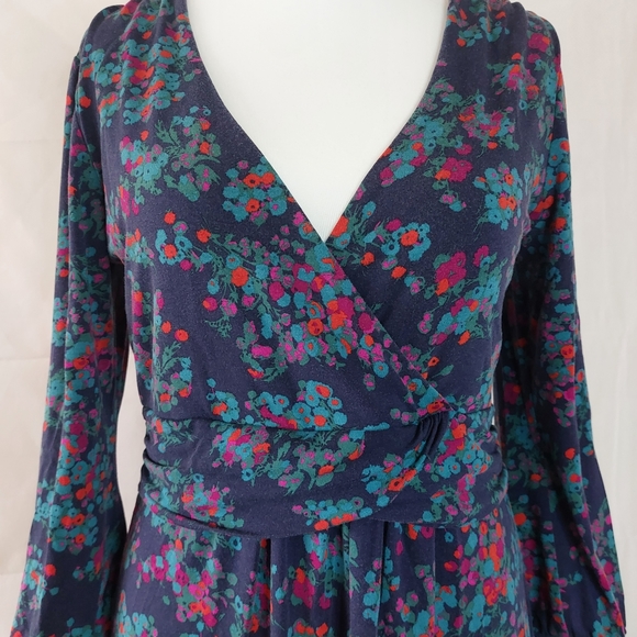 Boden Wrap Top Purple Navy 3/4 Sleeve Midi Jersey Dress Stretch Floral Size 16L - Picture 2 of 10